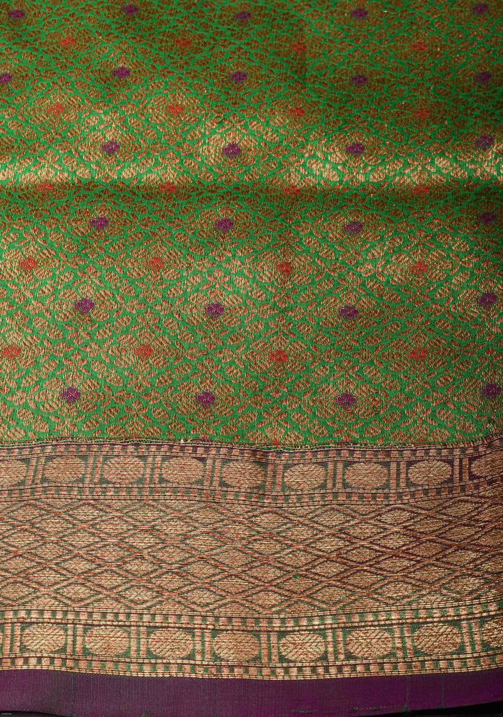 Green Pure Banarasi Tussar Silk Saree with Zari Buttas, Border and Koniya motifs | SILK MARK CERTIFIED