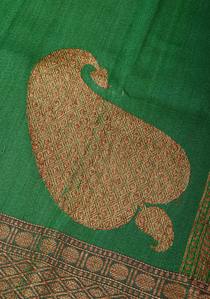 Green Pure Banarasi Tussar Silk Saree with Zari Buttas, Border and Koniya motifs | SILK MARK CERTIFIED