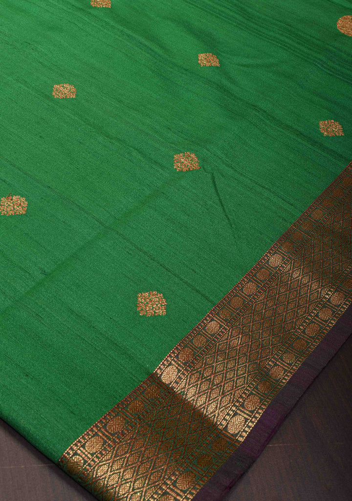 Green Pure Banarasi Tussar Silk Saree with Zari Buttas, Border and Koniya motifs | SILK MARK CERTIFIED