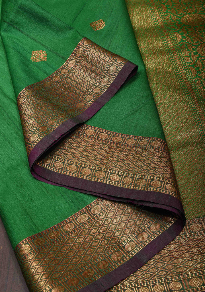 Green Pure Banarasi Tussar Silk Saree with Zari Buttas, Border and Koniya motifs | SILK MARK CERTIFIED