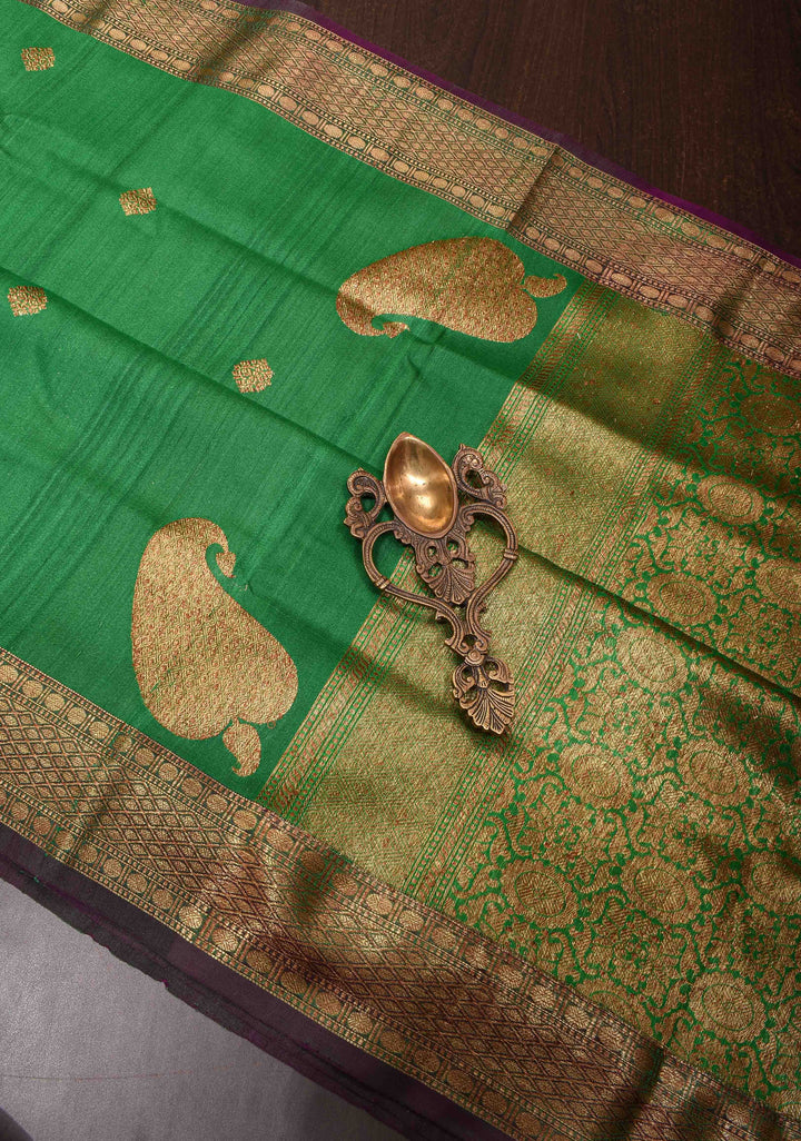 Green Pure Banarasi Tussar Silk Saree with Zari Buttas, Border and Koniya motifs | SILK MARK CERTIFIED