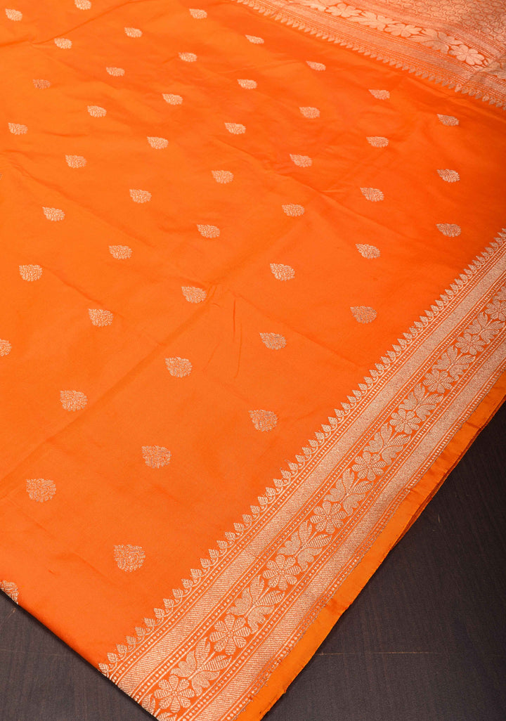 Orange Banarasi Katan silk lightweight saree with Zari Buttas and Zari Border| SILK MARK CERTIFIED