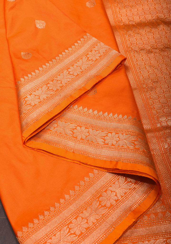 Orange Banarasi Katan silk lightweight saree with Zari Buttas and Zari Border| SILK MARK CERTIFIED