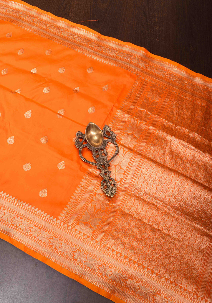 Orange Banarasi Katan silk lightweight saree with Zari Buttas and Zari Border| SILK MARK CERTIFIED