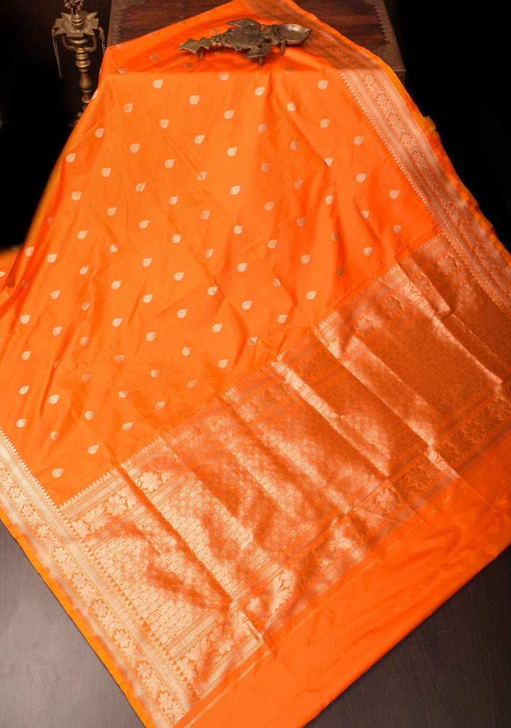 Orange Banarasi Katan silk lightweight saree with Zari Buttas and Zari Border| SILK MARK CERTIFIED
