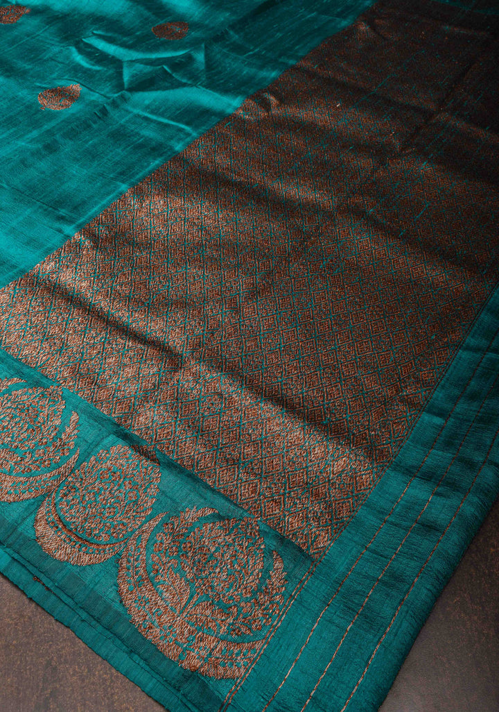 Exquisite Banarasi Raw Silk Saree in Teal with Antique Zari Buttas | SILK MARK CERTIFIED