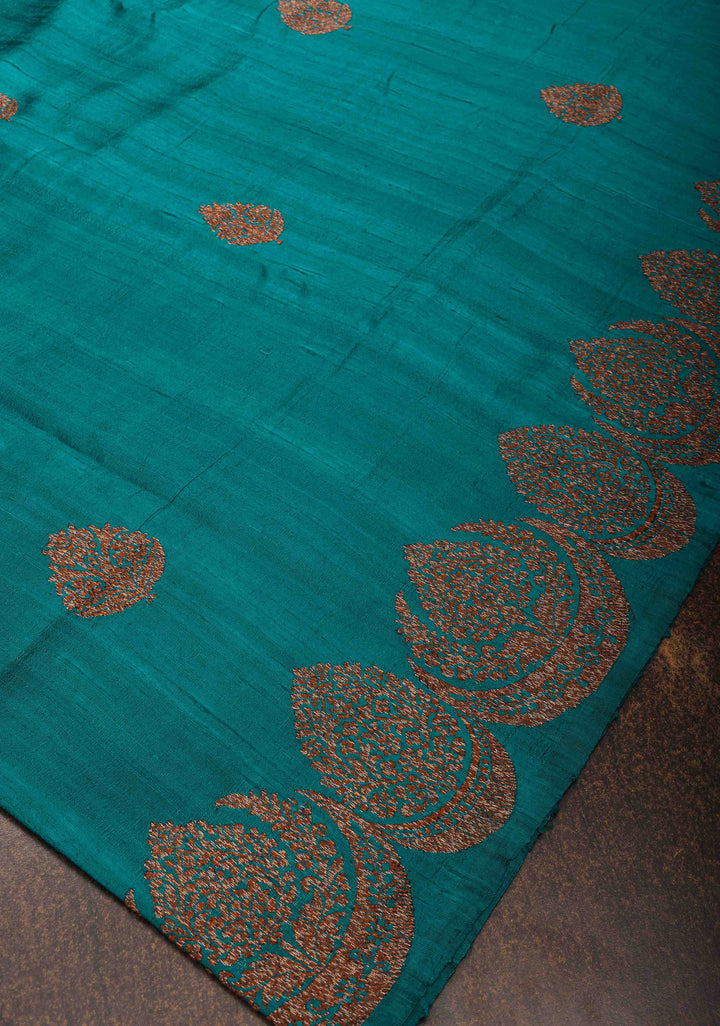 Exquisite Banarasi Raw Silk Saree in Teal with Antique Zari Buttas | SILK MARK CERTIFIED