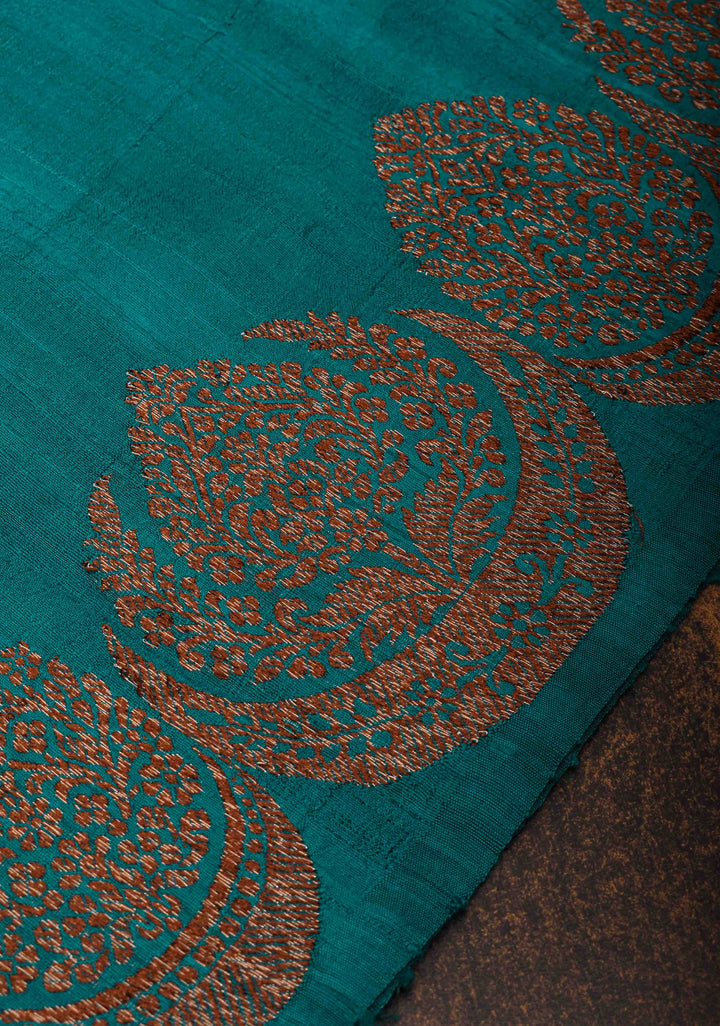 Exquisite Banarasi Raw Silk Saree in Teal with Antique Zari Buttas | SILK MARK CERTIFIED