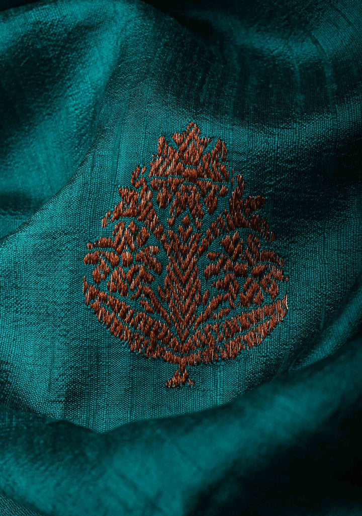 Exquisite Banarasi Raw Silk Saree in Teal with Antique Zari Buttas | SILK MARK CERTIFIED