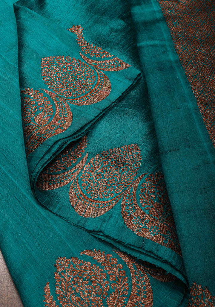 Exquisite Banarasi Raw Silk Saree in Teal with Antique Zari Buttas | SILK MARK CERTIFIED