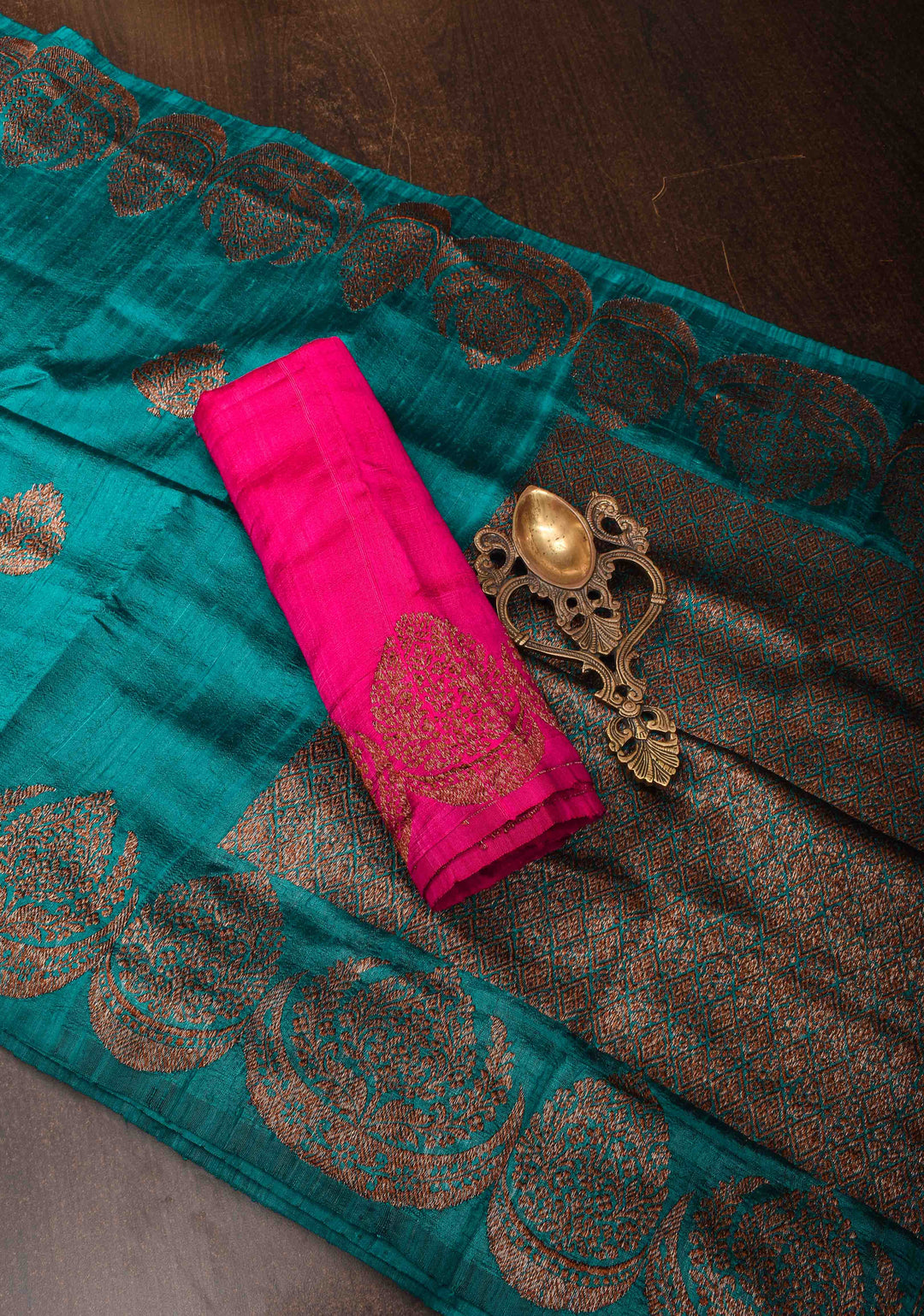 Exquisite Banarasi Raw Silk Saree in Teal with Antique Zari Buttas | SILK MARK CERTIFIED