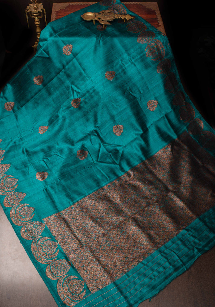 Exquisite Banarasi Raw Silk Saree in Teal with Antique Zari Buttas | SILK MARK CERTIFIED