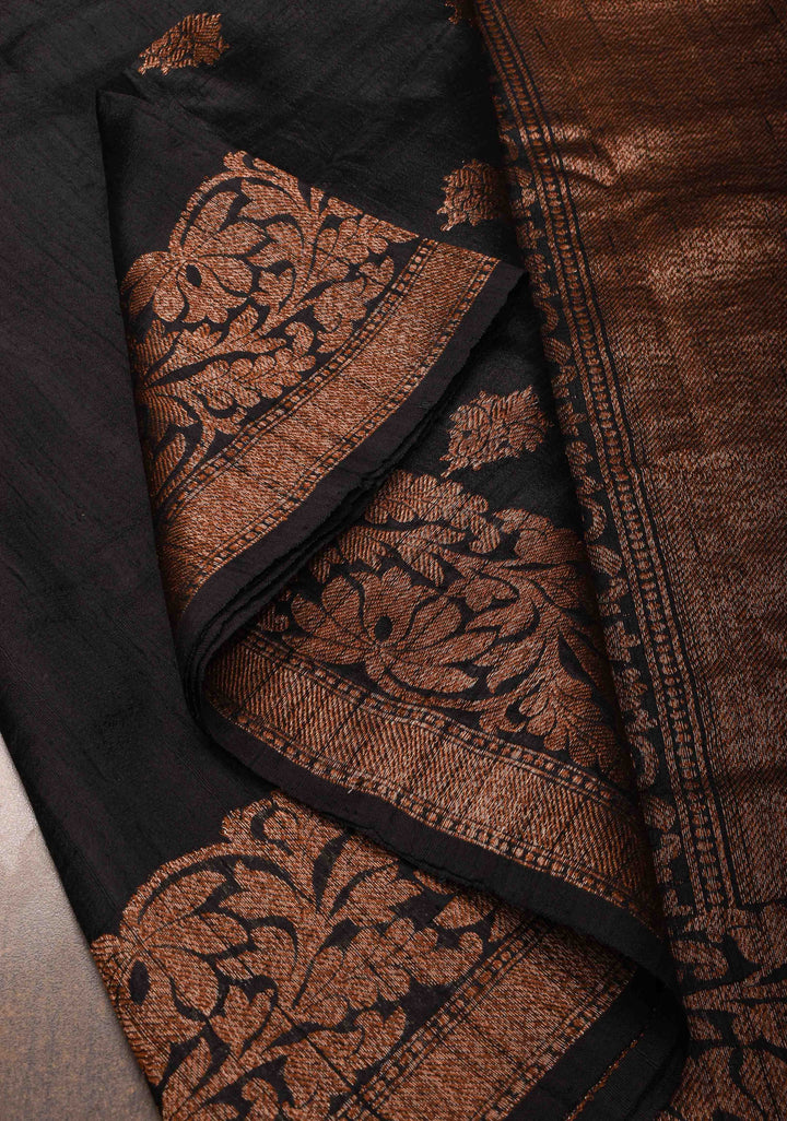Exquisite Banarasi Raw Silk Saree in Black with Antique Zari Buttas and Border | SILK MARK CERTIFIED