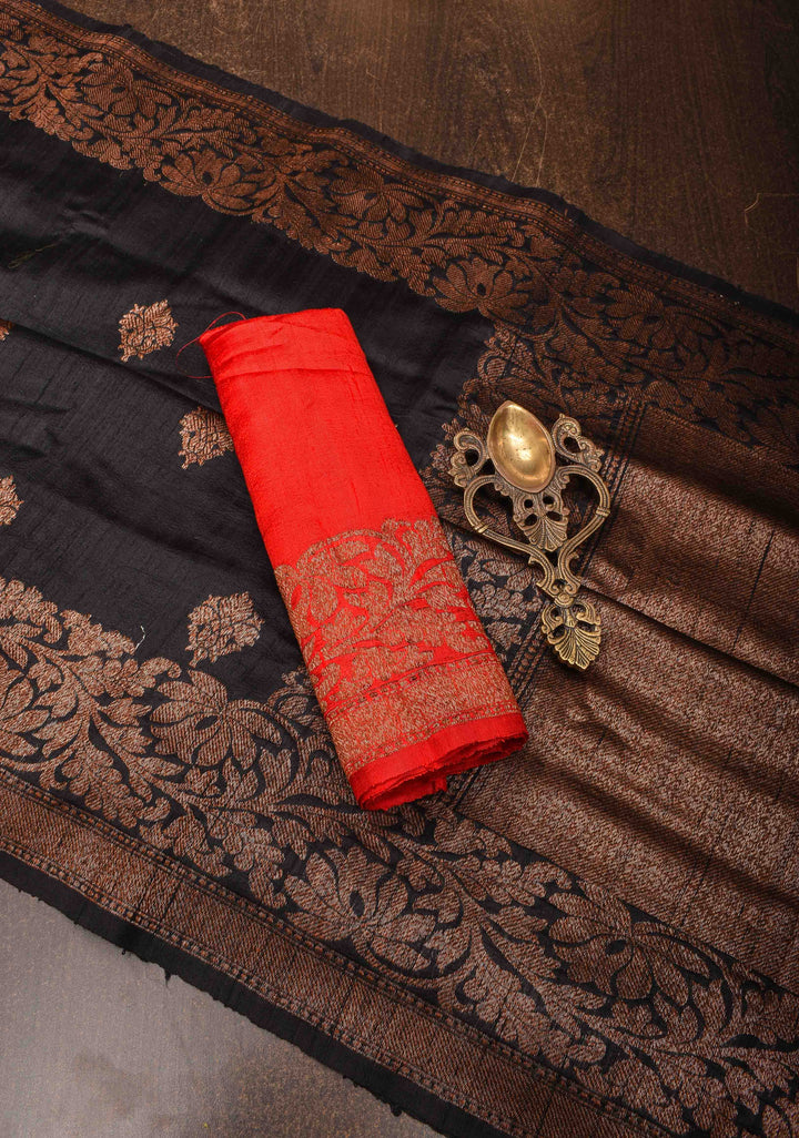 Exquisite Banarasi Raw Silk Saree in Black with Antique Zari Buttas and Border | SILK MARK CERTIFIED