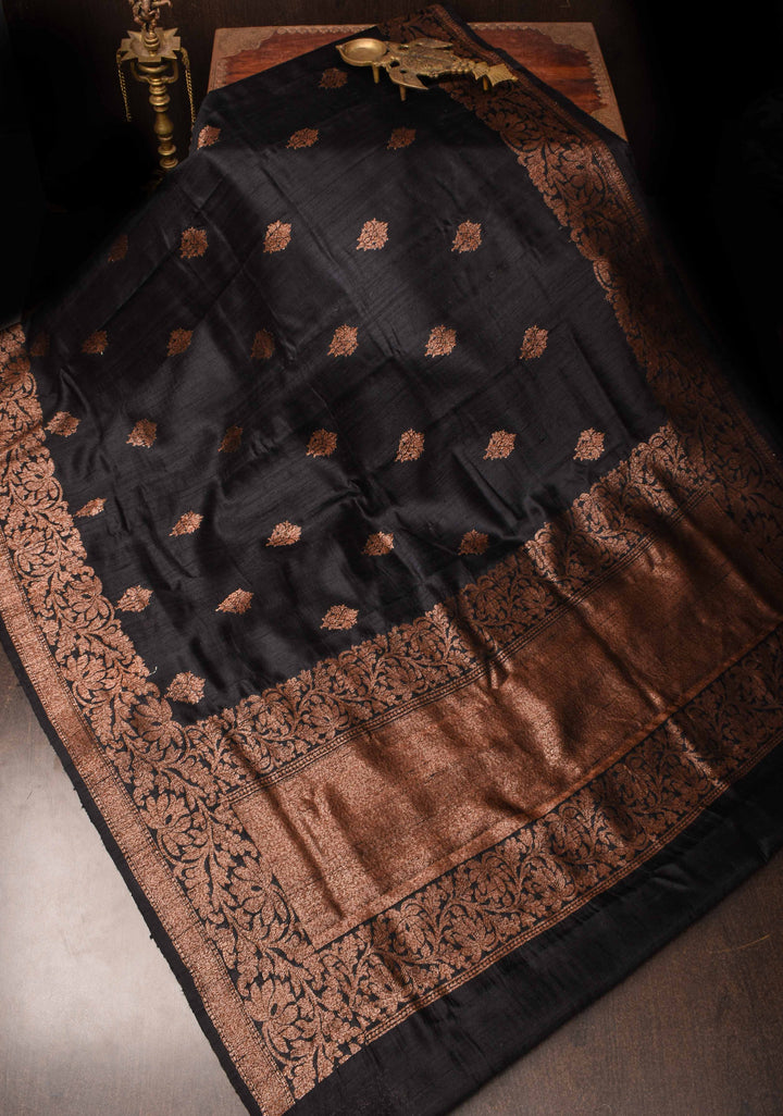 Exquisite Banarasi Raw Silk Saree in Black with Antique Zari Buttas and Border | SILK MARK CERTIFIED