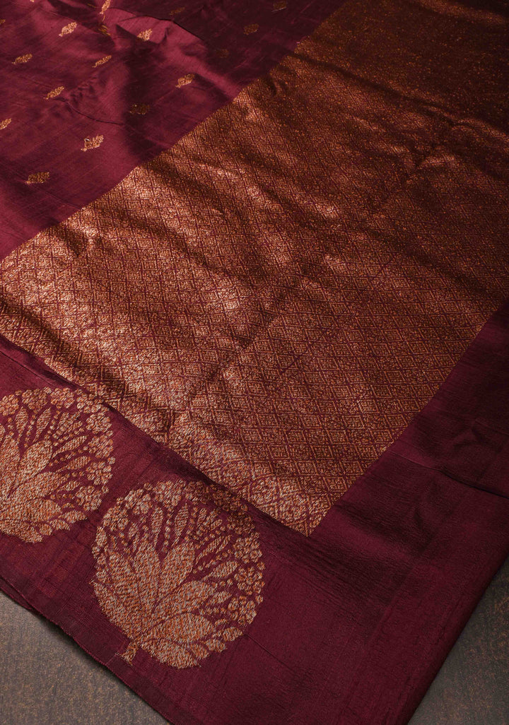 Exquisite Banarasi Raw Silk Saree in Maroon with Antique Zari Buttas | SILK MARK CERTIFIED