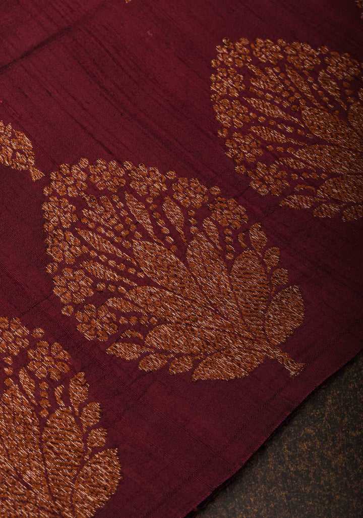 Exquisite Banarasi Raw Silk Saree in Maroon with Antique Zari Buttas | SILK MARK CERTIFIED
