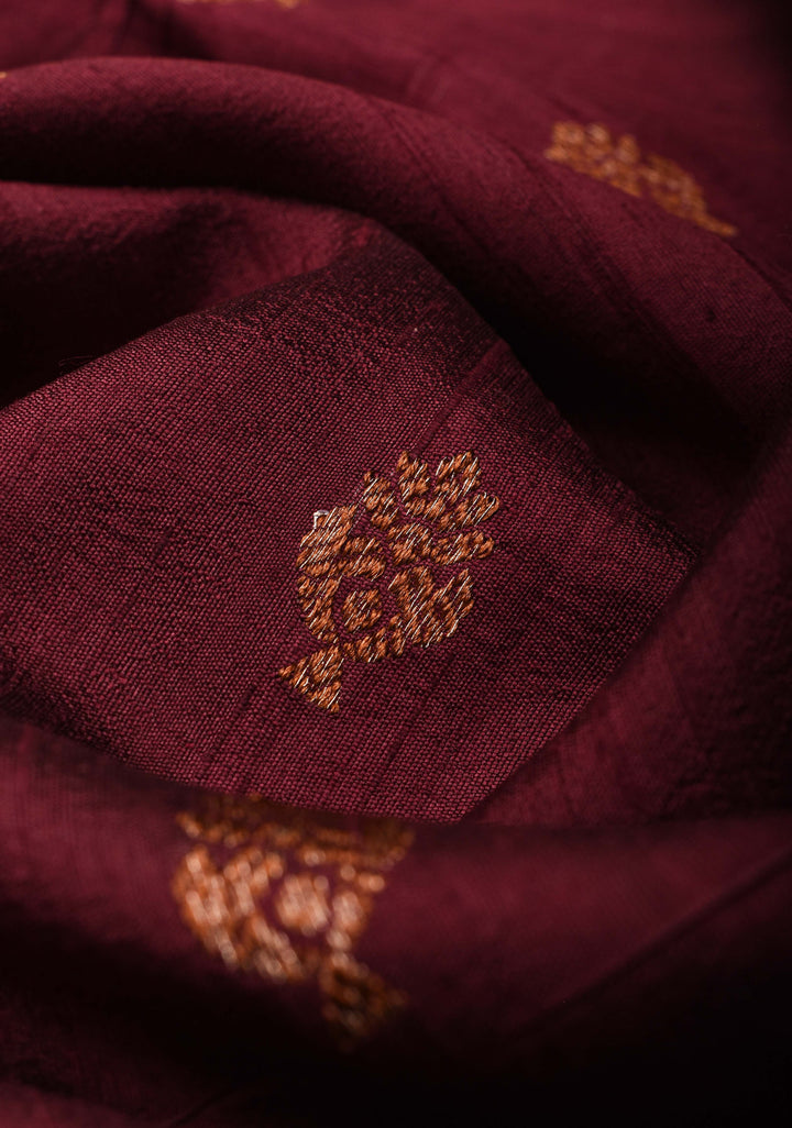 Exquisite Banarasi Raw Silk Saree in Maroon with Antique Zari Buttas | SILK MARK CERTIFIED