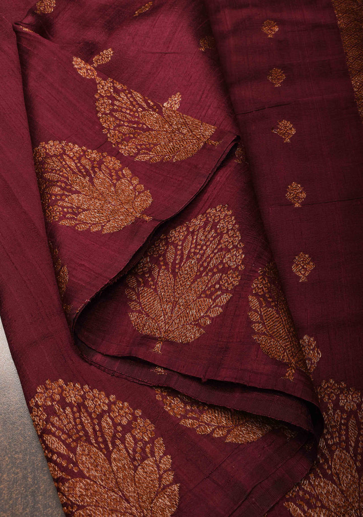 Exquisite Banarasi Raw Silk Saree in Maroon with Antique Zari Buttas | SILK MARK CERTIFIED