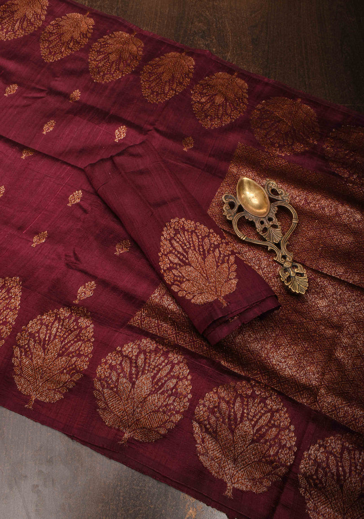 Exquisite Banarasi Raw Silk Saree in Maroon with Antique Zari Buttas | SILK MARK CERTIFIED