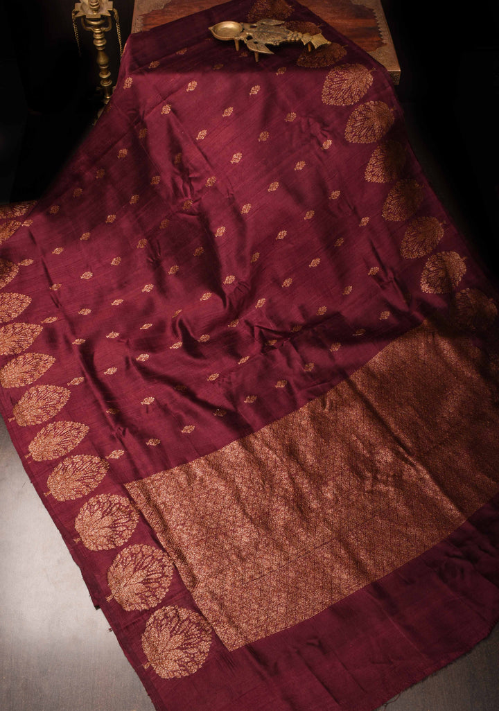 Exquisite Banarasi Raw Silk Saree in Maroon with Antique Zari Buttas | SILK MARK CERTIFIED