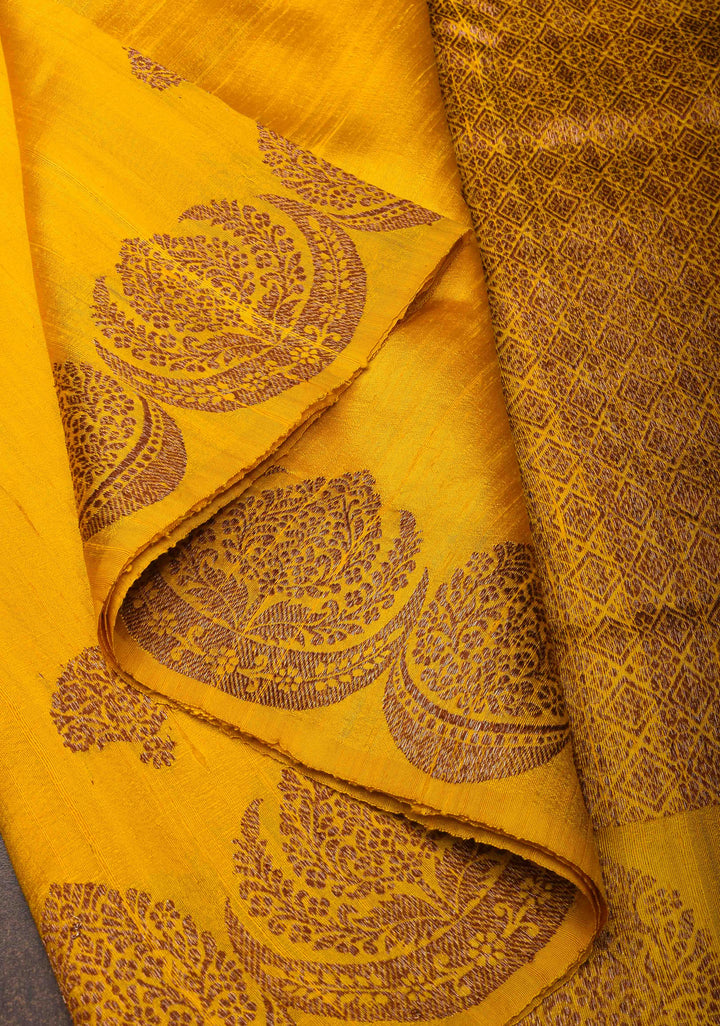 Exquisite Banarasi Raw Silk Saree in Yellow with Antique Zari Buttas| SILK MARK CERTIFIED