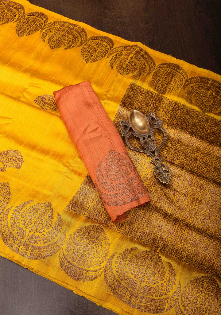 Exquisite Banarasi Raw Silk Saree in Yellow with Antique Zari Buttas| SILK MARK CERTIFIED