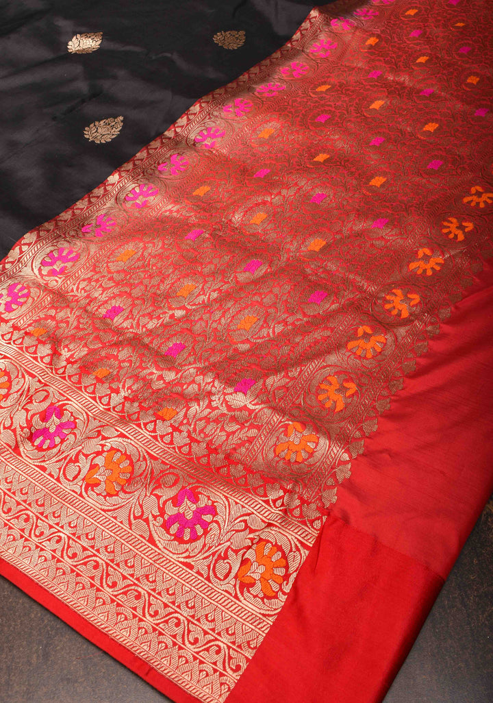 Banarasi Katan Silk Saree in Black with Damask Zari Butta and Meenakari Border | Silk Mark Certified