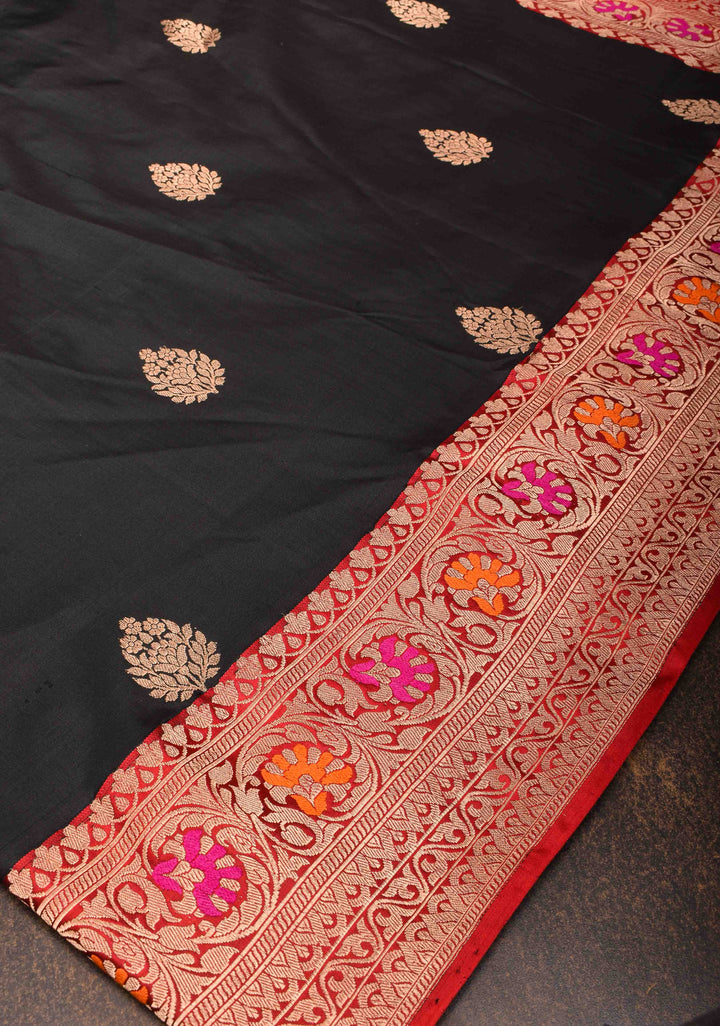 Banarasi Katan Silk Saree in Black with Damask Zari Butta and Meenakari Border | Silk Mark Certified