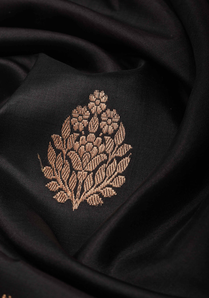 Banarasi Katan Silk Saree in Black with Damask Zari Butta and Meenakari Border | Silk Mark Certified