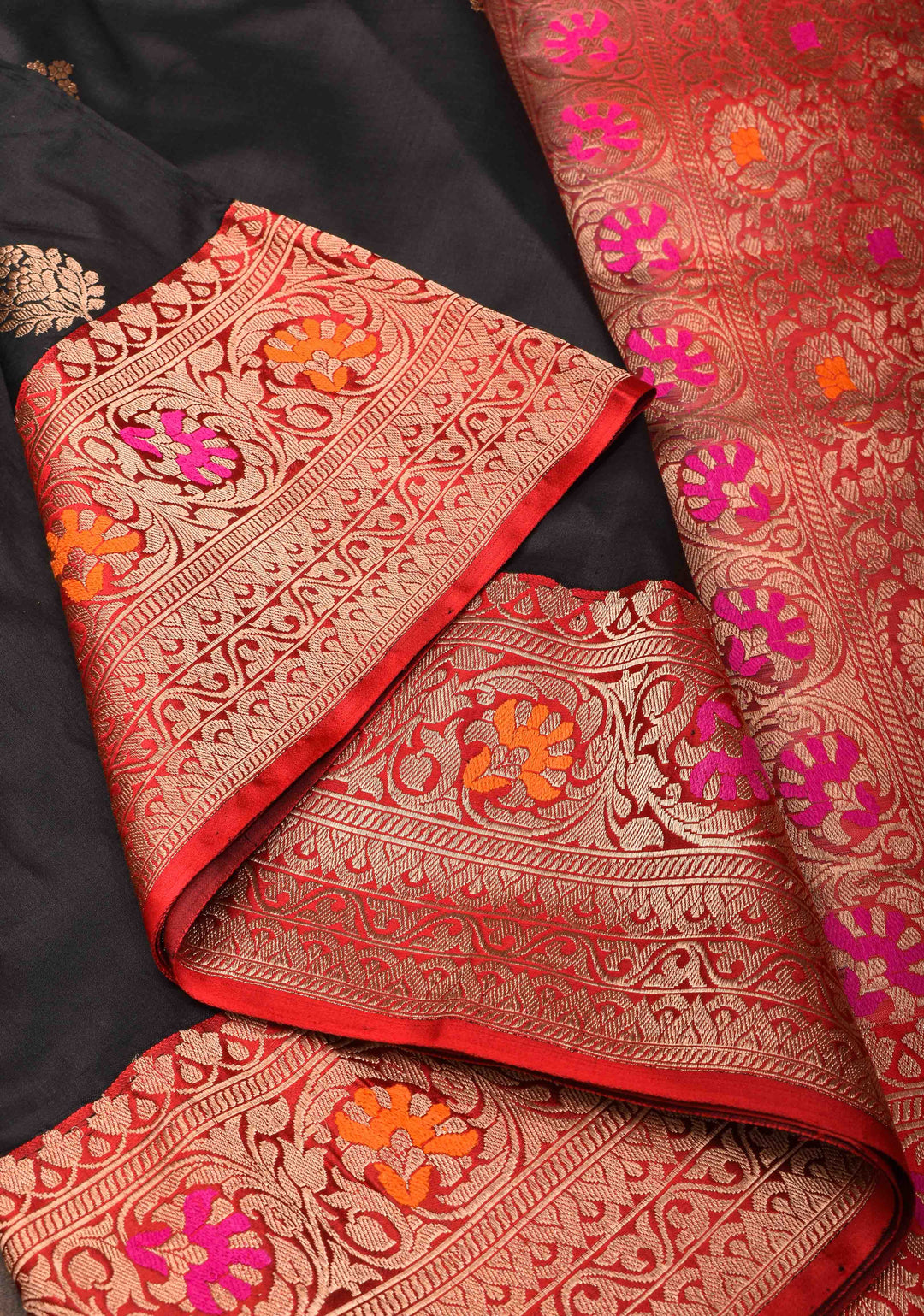 Banarasi Katan Silk Saree in Black with Damask Zari Butta and Meenakari Border | Silk Mark Certified