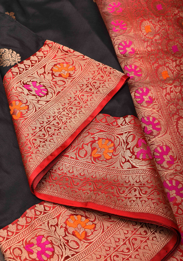 Banarasi Katan Silk Saree in Black with Damask Zari Butta and Meenakari Border | Silk Mark Certified