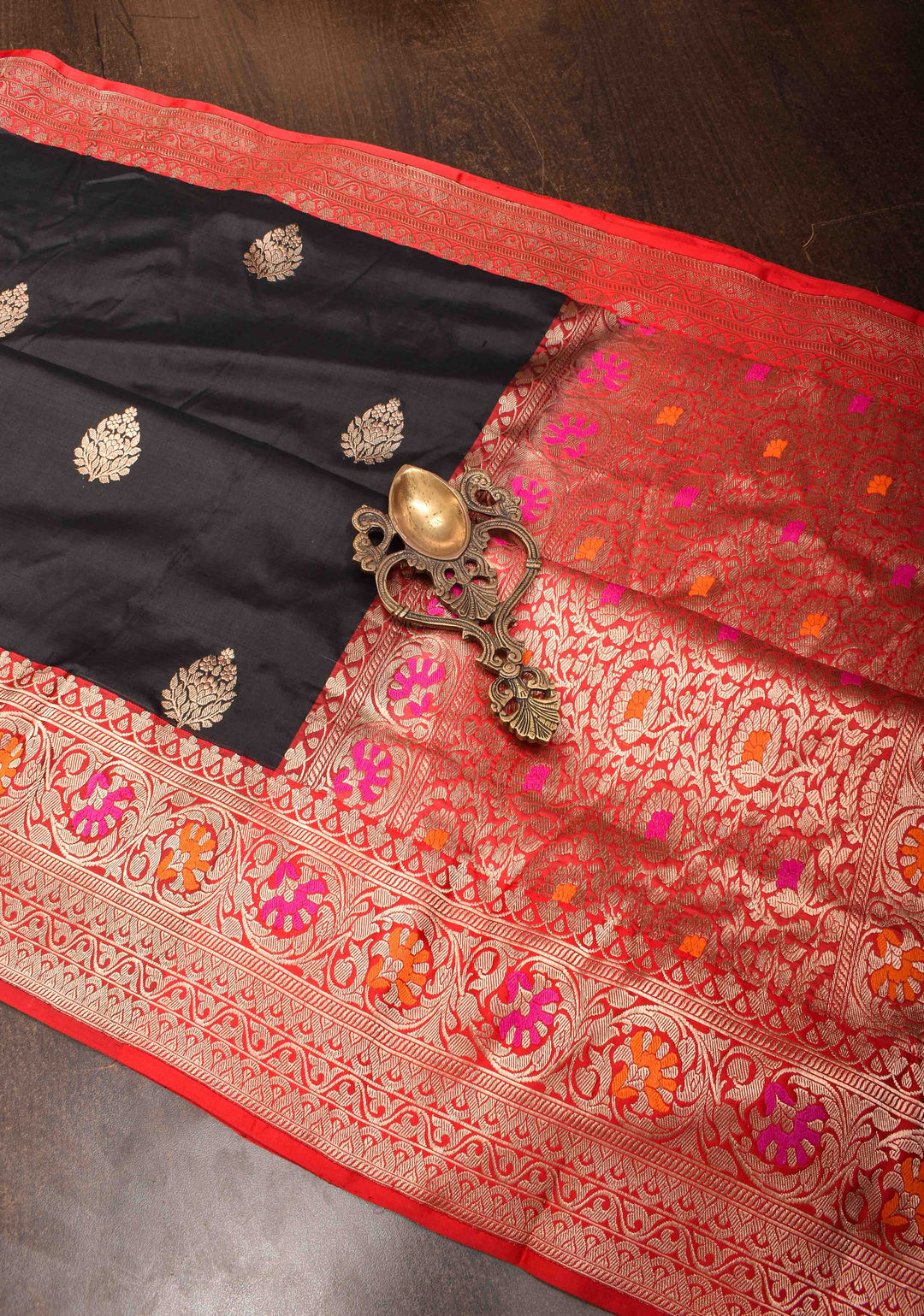 Banarasi Katan Silk Saree in Black with Damask Zari Butta and Meenakari Border | Silk Mark Certified