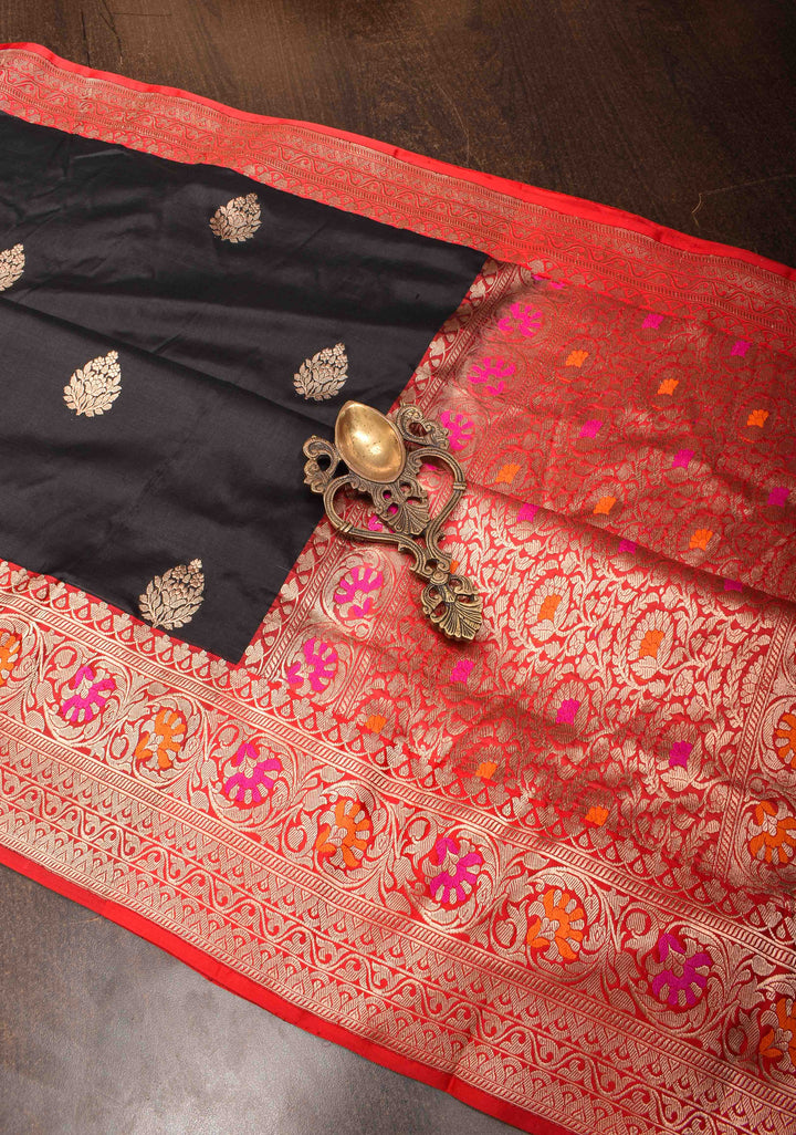 Banarasi Katan Silk Saree in Black with Damask Zari Butta and Meenakari Border | Silk Mark Certified