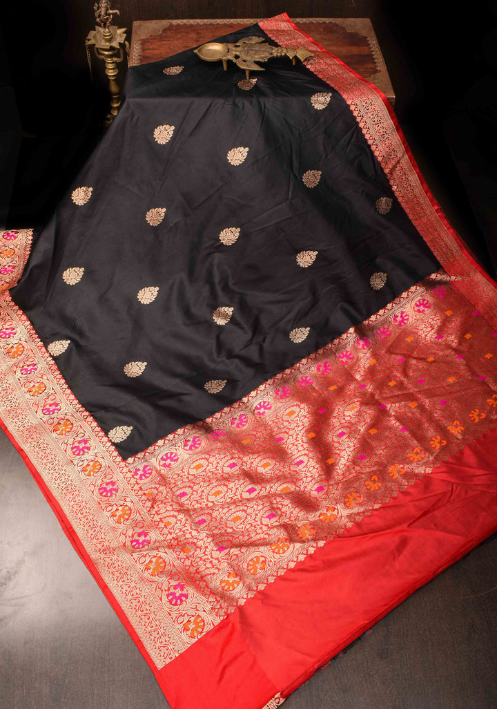 Banarasi Katan Silk Saree in Black with Damask Zari Butta and Meenakari Border | Silk Mark Certified