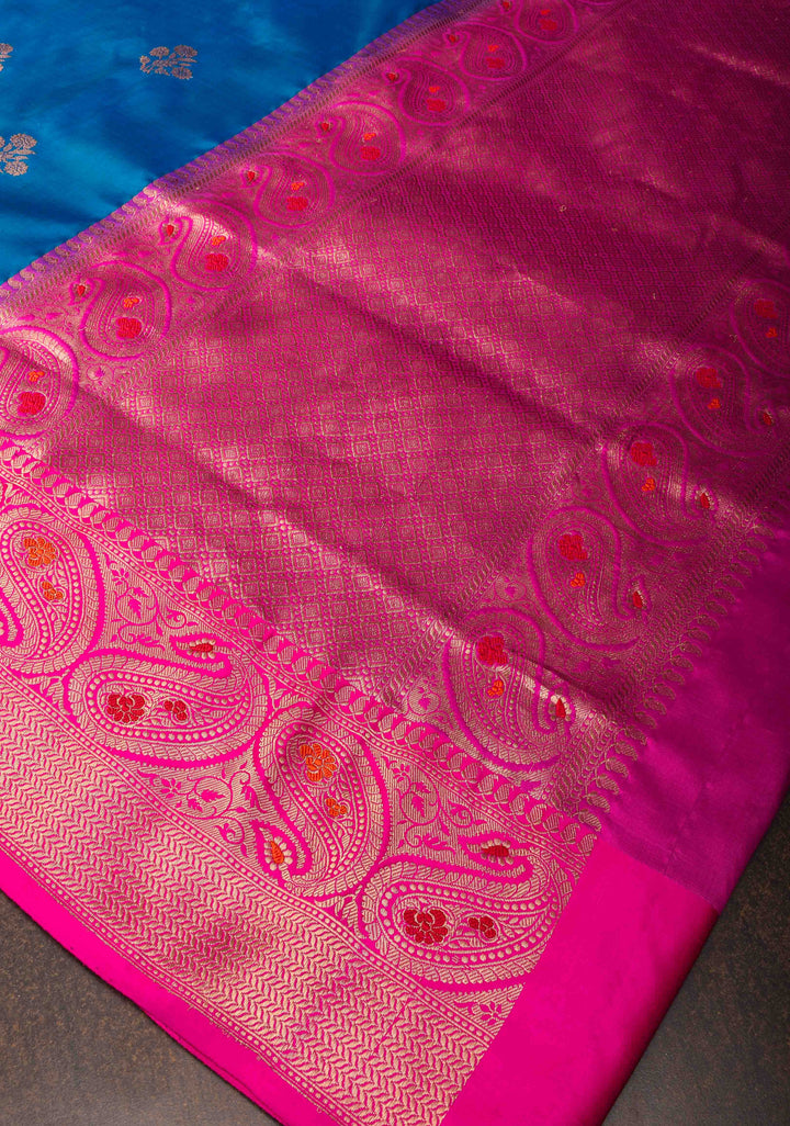 Azure Blue Banarasi Katan silk saree with Floral Zari Buttas and Meenakari Contrast Zari Border | SILK MARK CERTIFIED