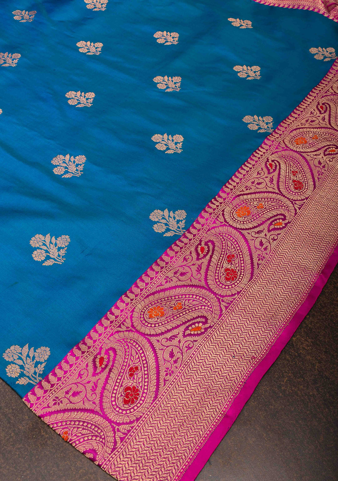 Azure Blue Banarasi Katan silk saree with Floral Zari Buttas and Meenakari Contrast Zari Border | SILK MARK CERTIFIED