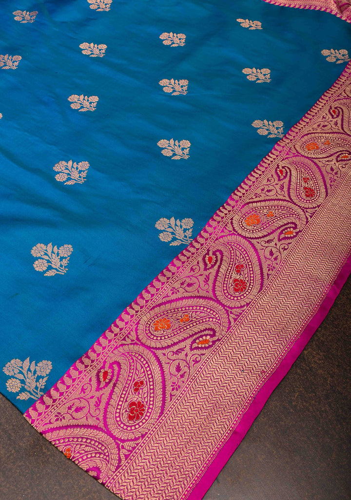 Azure Blue Banarasi Katan silk saree with Floral Zari Buttas and Meenakari Contrast Zari Border | SILK MARK CERTIFIED