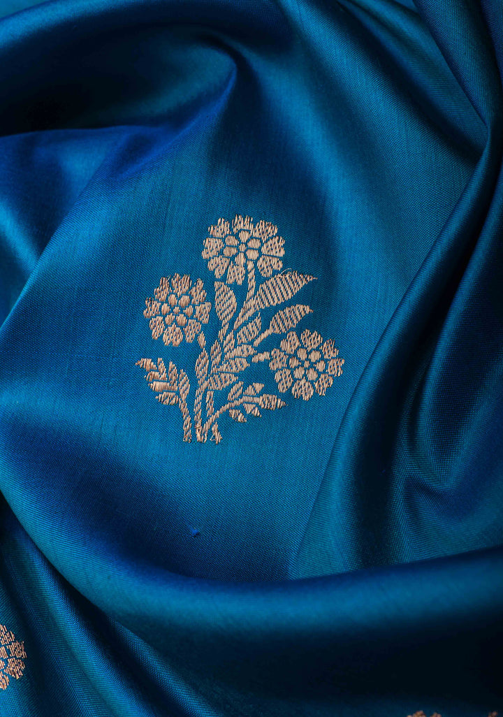 Azure Blue Banarasi Katan silk saree with Floral Zari Buttas and Meenakari Contrast Zari Border | SILK MARK CERTIFIED