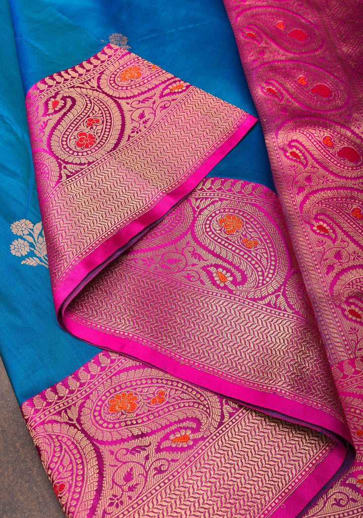 Azure Blue Banarasi Katan silk saree with Floral Zari Buttas and Meenakari Contrast Zari Border | SILK MARK CERTIFIED