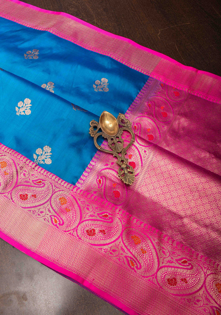 Azure Blue Banarasi Katan silk saree with Floral Zari Buttas and Meenakari Contrast Zari Border | SILK MARK CERTIFIED