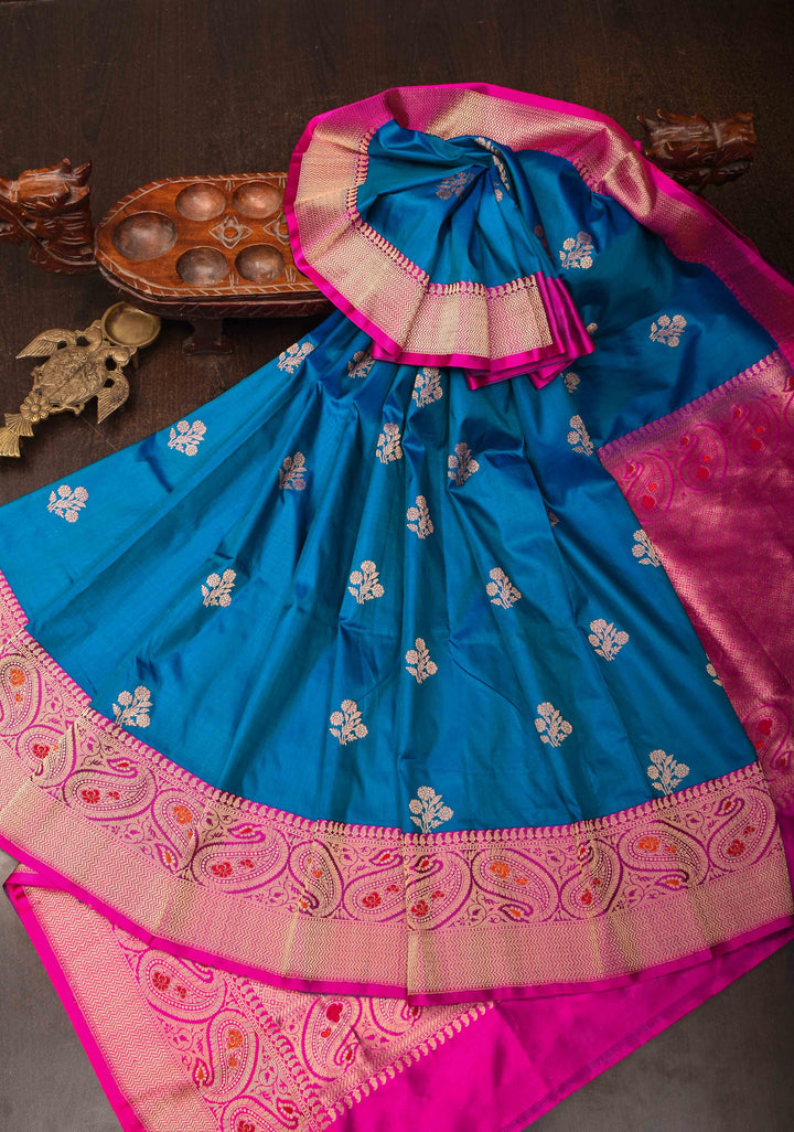 Azure Blue Banarasi Katan silk saree with Floral Zari Buttas and Meenakari Contrast Zari Border | SILK MARK CERTIFIED