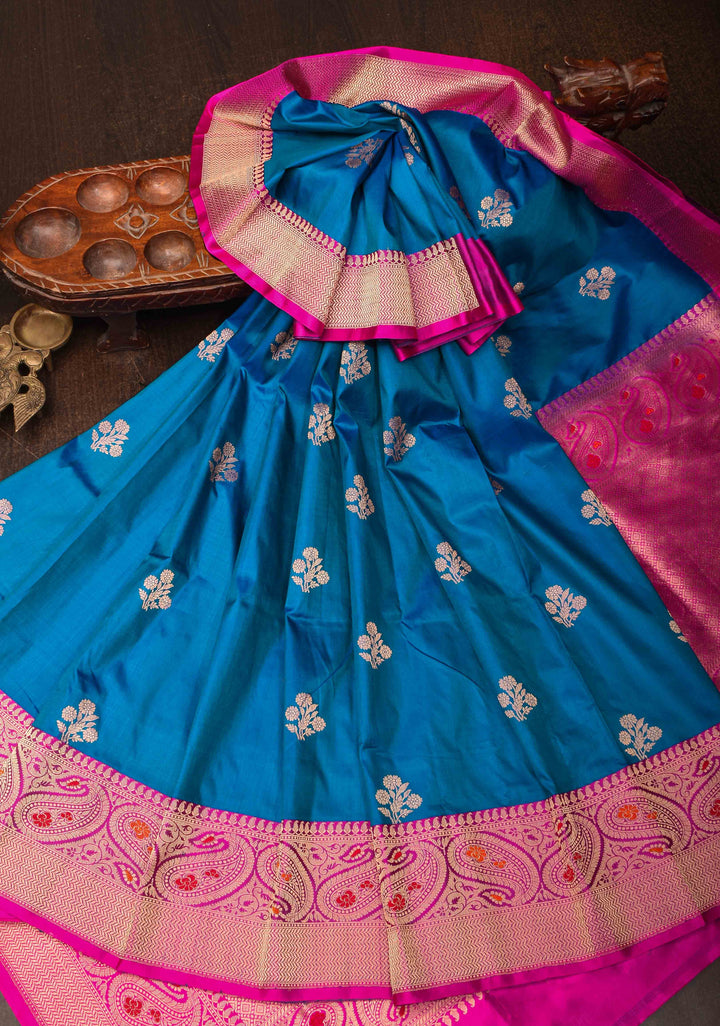 Azure Blue Banarasi Katan silk saree with Floral Zari Buttas and Meenakari Contrast Zari Border | SILK MARK CERTIFIED