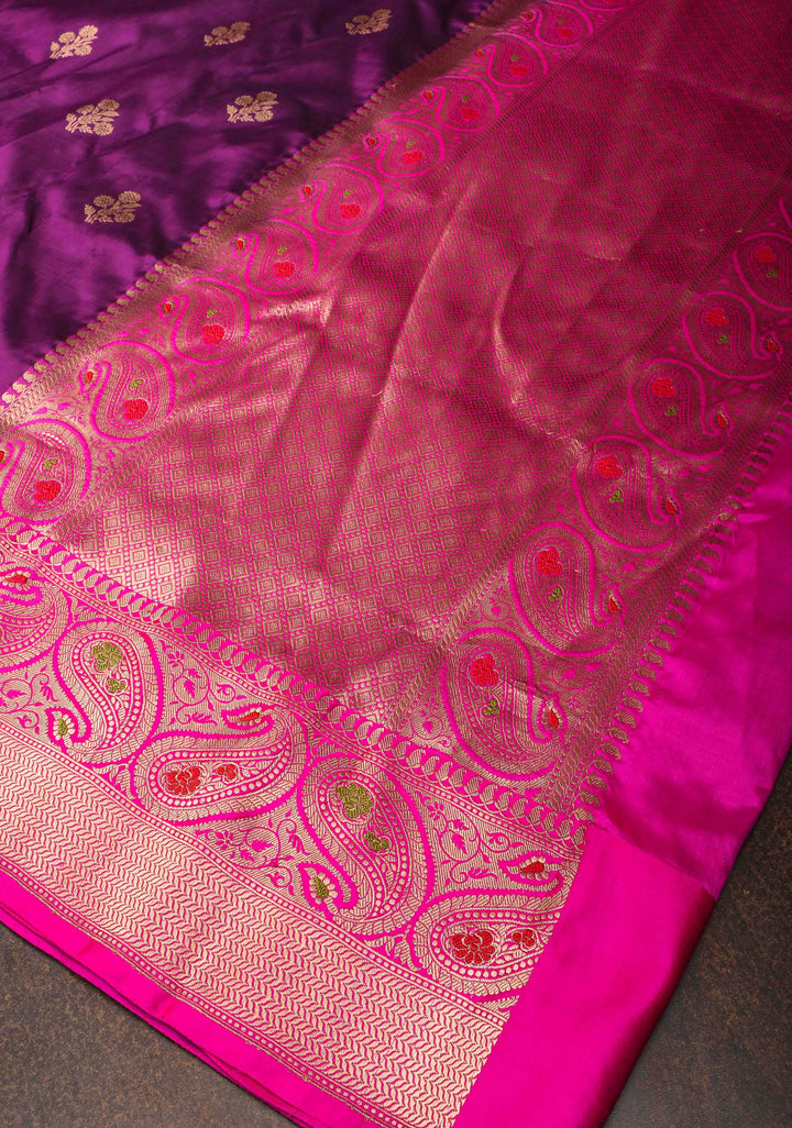 Purple Banarasi Katan silk saree with Floral Zari Buttas and Meenakari Contrast Zari Border | SILK MARK CERTIFIED
