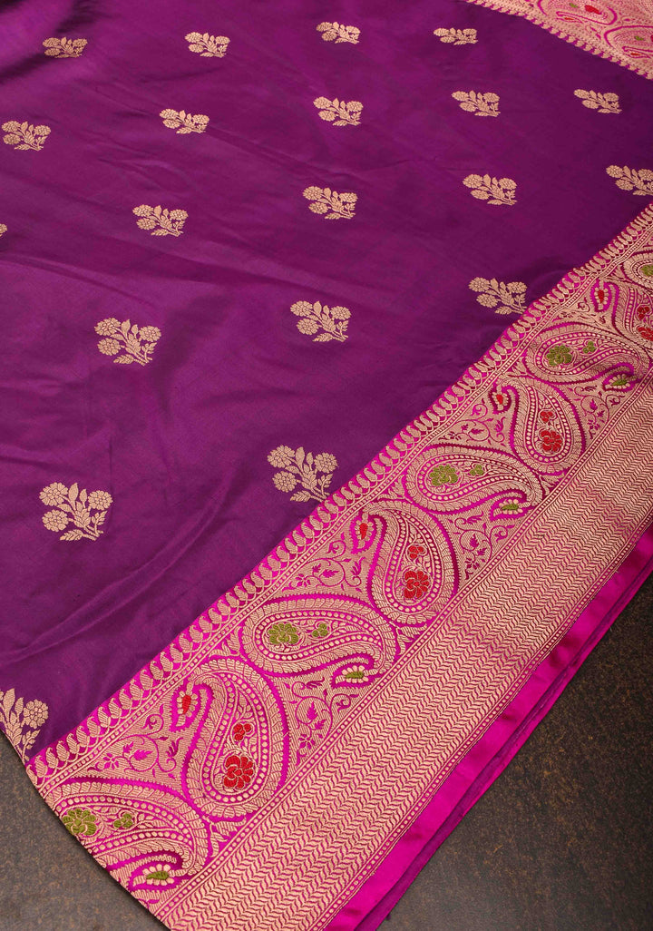 Purple Banarasi Katan silk saree with Floral Zari Buttas and Meenakari Contrast Zari Border | SILK MARK CERTIFIED