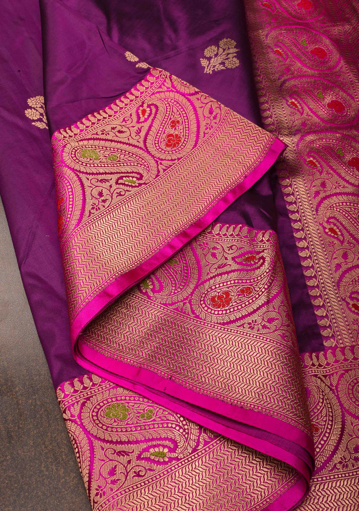Purple Banarasi Katan silk saree with Floral Zari Buttas and Meenakari Contrast Zari Border | SILK MARK CERTIFIED