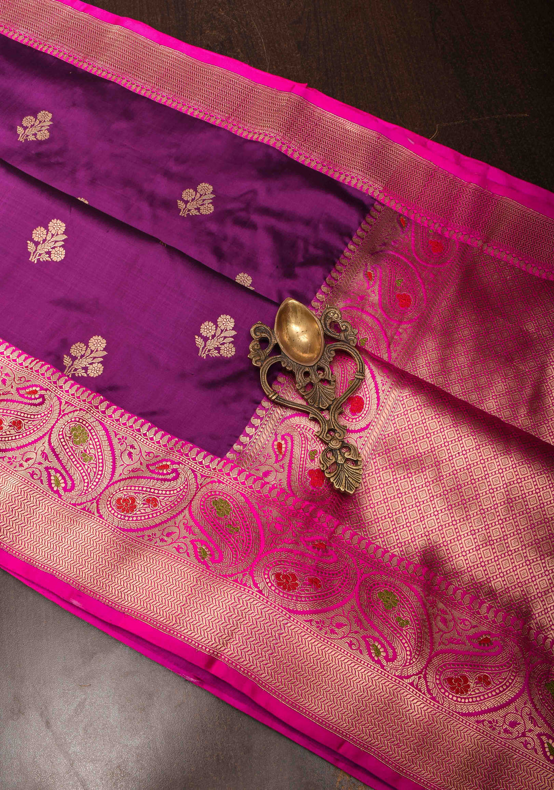Purple Banarasi Katan silk saree with Floral Zari Buttas and Meenakari Contrast Zari Border | SILK MARK CERTIFIED