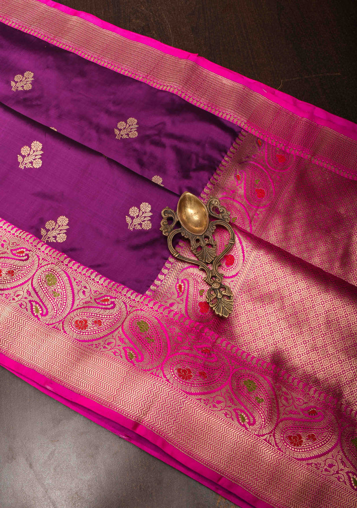 Purple Banarasi Katan silk saree with Floral Zari Buttas and Meenakari Contrast Zari Border | SILK MARK CERTIFIED