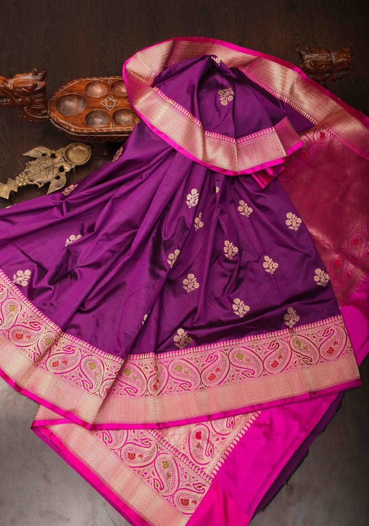Purple Banarasi Katan silk saree with Floral Zari Buttas and Meenakari Contrast Zari Border | SILK MARK CERTIFIED
