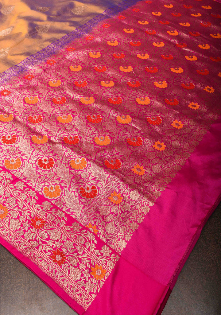 Orange Blue Dual Tone Banarasi Silk Saree with Floral Motifs and Meenakari Zari Borders | Silk Mark Certified